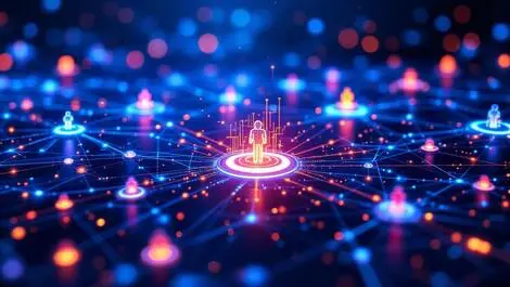 Abstract digital illustration ai agents glowing nodes flowing network modern enterprise environment seamless automation orchestration customer journeys