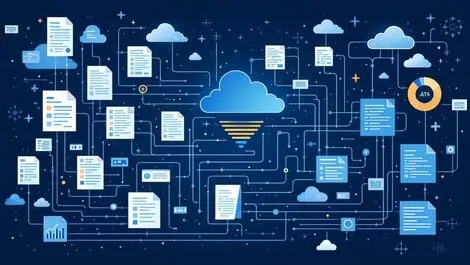 Abstract illustration unstructured documents to organized data streams ai driven integration cloud tech modern colors