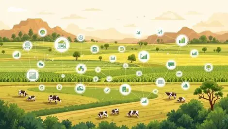 Australian farm landscape cows crops digital data nodes charts monitoring