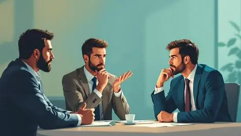 Business meeting executives around table thoughtful expressions gestures analysis