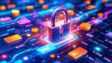 Broken digital padlock with credit card numbers and payment icons flowing out symbolizing fintech data breach