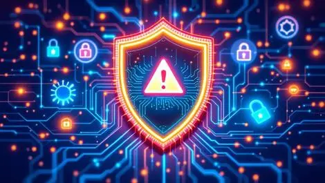 Computer shield circuit lines glowing warnings ai neural network digital locks cybersecurity threats