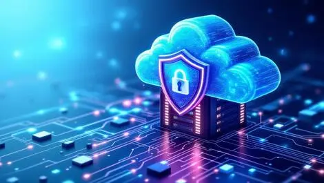 Digital illustration secure cloud above interconnected computer servers shield