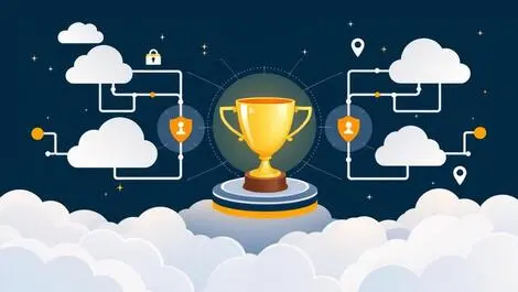 Secure computer network interconnected nodes cloud icons golden trophy award
