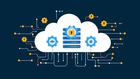 Illustration cloud servers gears keyhole automation security circuit workflow