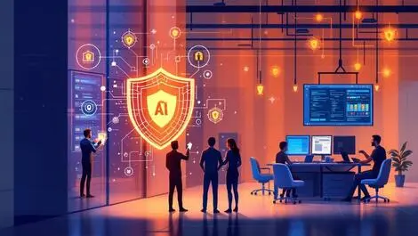 Secure server room digital shield icons protected ai technologies it team