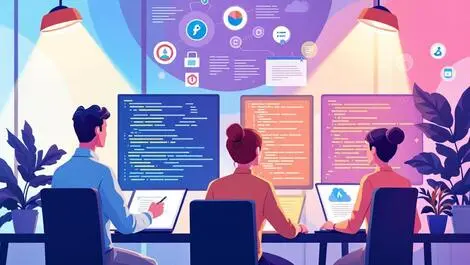 Business professionals analyzing computer code open source modern office