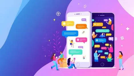 Smartphone colorful chat bubbles happy people engagement communication