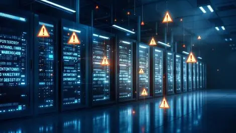 Realistic network data center server racks digital security warnings dark control room