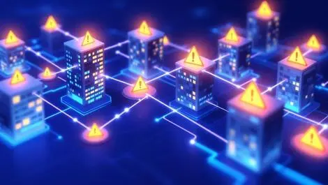 Supply chain cyber breach interconnected office buildings singapore warning icons