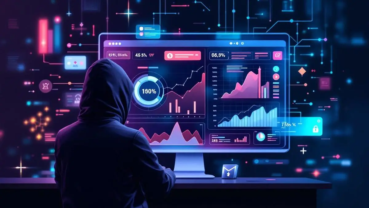 Realistic digital dashboard graphs alerts hooded cyber threats data flow