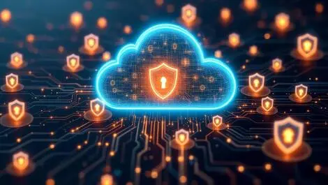Detailed secure cloud glowing shield icons circuit data streams tech