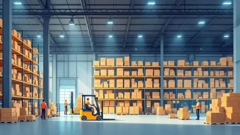 Realistic modern warehouse interior tall shelves boxes forklifts workers inventory management