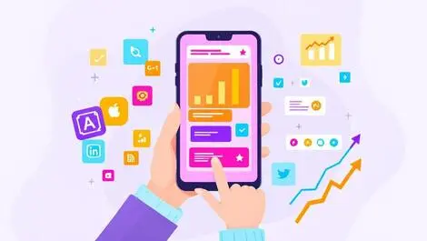 Smartphone app ads icons graphs data analytics hand interacting illustration