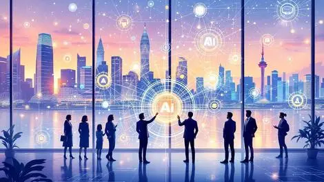 Business professionals glowing network ai nodes singapore cityscape conference