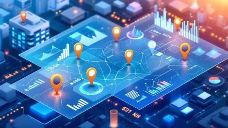 Digital maps location markers abstract data graphs urban cityscape advertising analytics