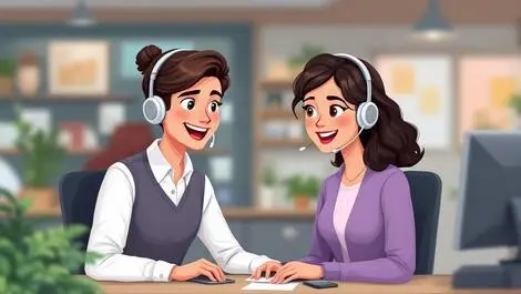 Friendly customer service representative helping smiling customer at desk