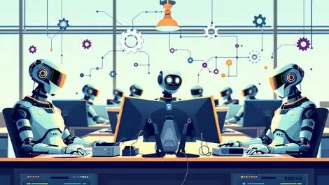 Illustration humanoid robots ai agents collaborating software testing office