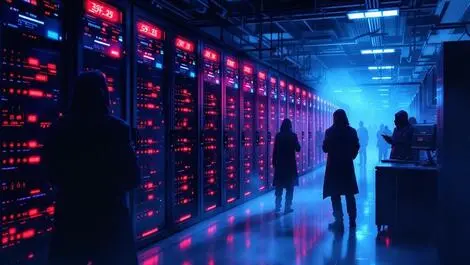 Realistic illustration computer server room red warning lights cyberattacks financial firms