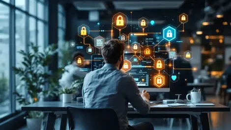 Business professional reviewing digital security icons data protection privacy