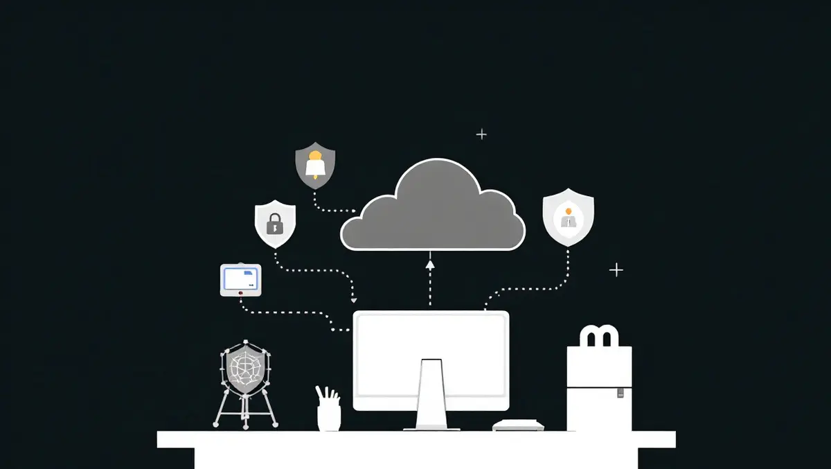 Small business office computers cloud shield icons digital protection ai cybersecurity