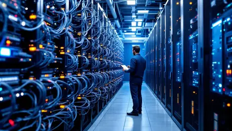 Network technicians modern data center testing devices server racks