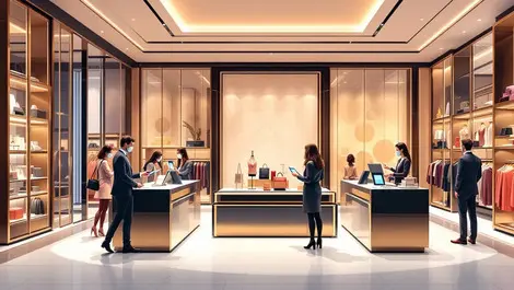 Luxury retail store elegant displays well dressed customers contactless payments