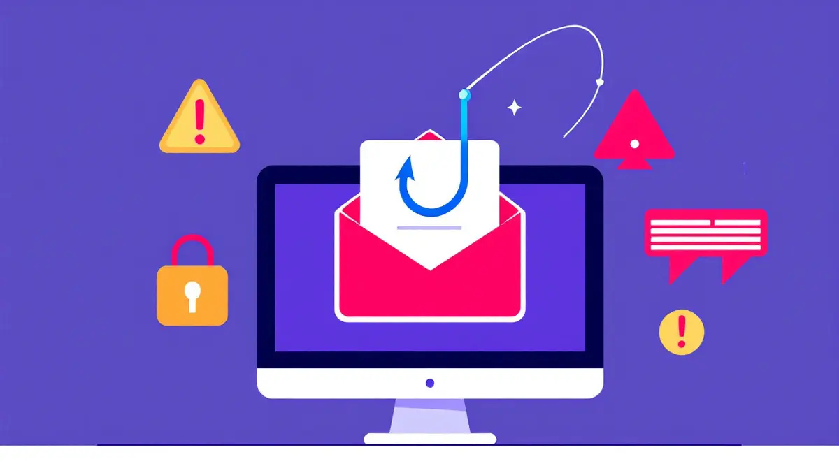Computer screen email inbox fishing hook alert symbols phishing threats cyber risk awareness