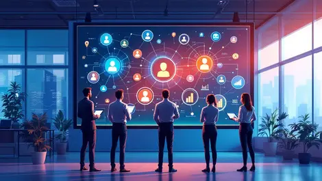 Business professionals collaborating digital screen ai agents data analysis modern office