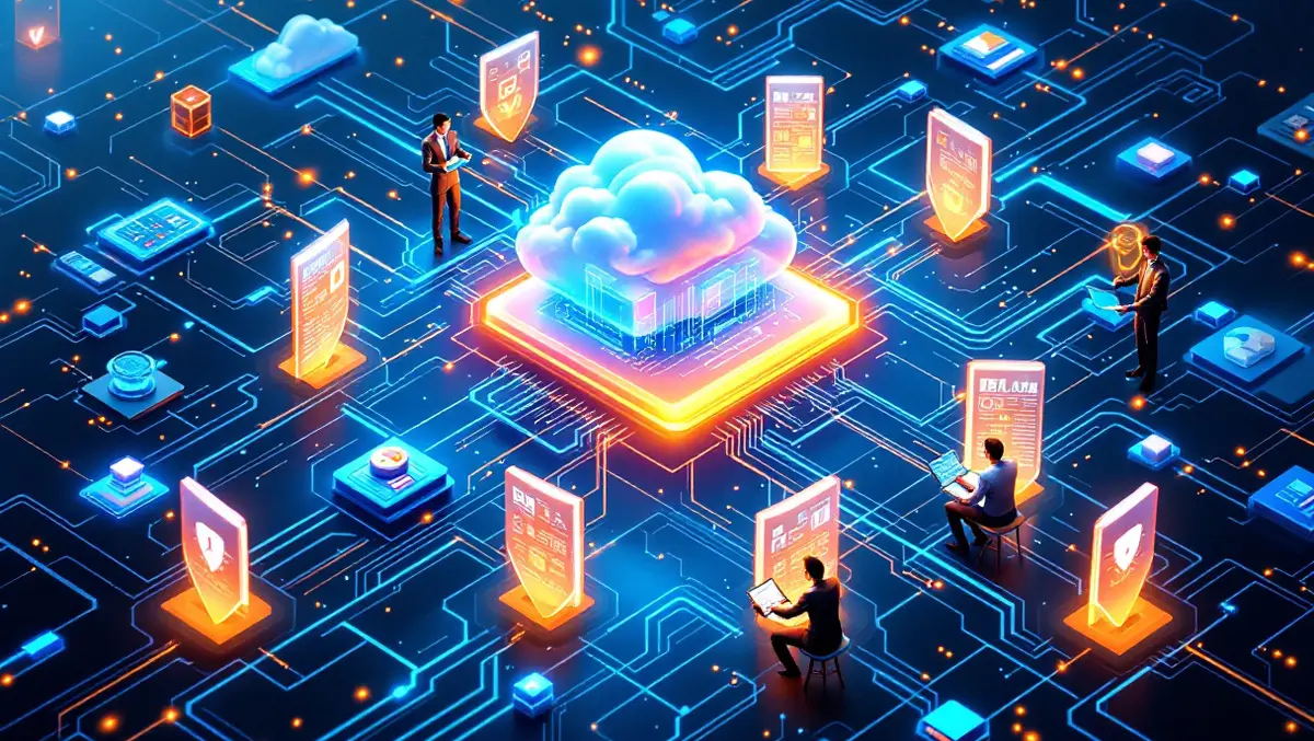 Secure cloud illustration digital shields data streams monitored by security professionals