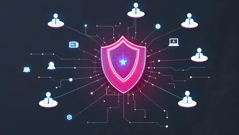 Shield protecting connected human figures and computers cybersecurity training defense