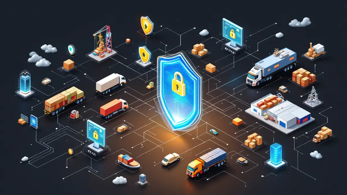 Interconnected supply chain network cargo trucks ships warehouses security shields