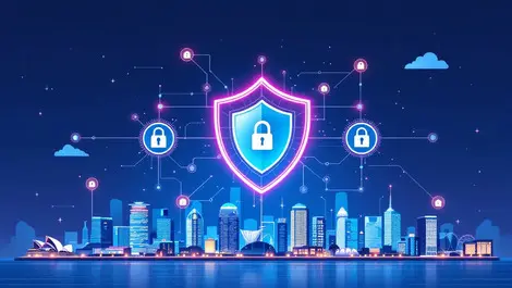 Australian city skyline digital shield lock cyber security data privacy defense
