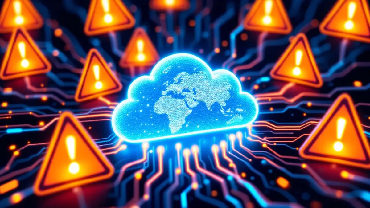 Digital cloud warning signs data leak glowing lines cybersecurity threat