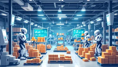 Realistic automated robots machines modern retail warehouse efficient organization