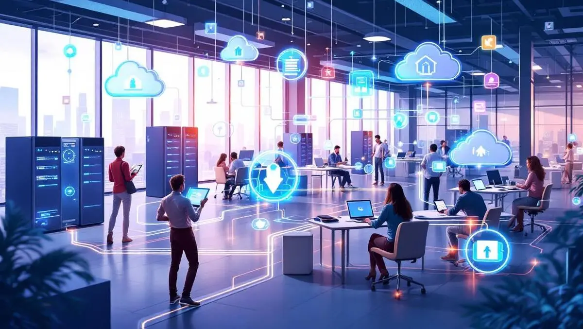 Stylized graphic interconnected data servers cloud icons flowing lines modern office