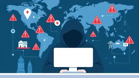 Hooded figure at computer red warnings on digital infrastructure global map
