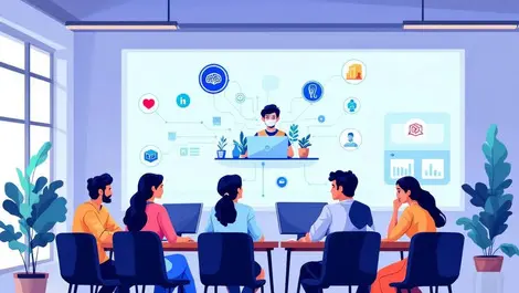 Indian students engaged in online course with ai icons modern classroom