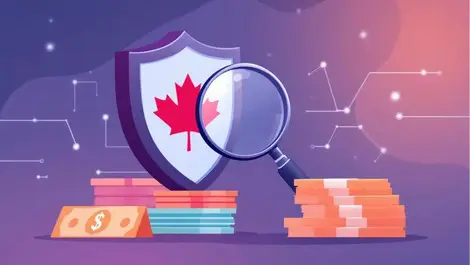 Canadian police shield magnifying glass examining currency financial fraud investigation