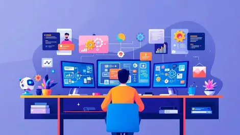 Modern computer desk multiple monitors software flowcharts gears automation ai agents