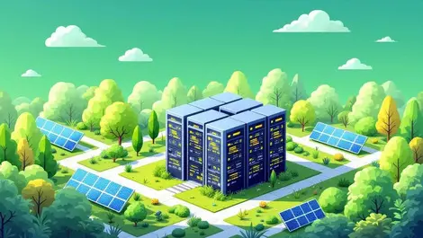 Modern data center greenery solar panels clear skies renewable energy