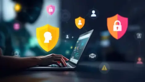 Person using laptop online shopping ai security fraud risk icons ecommerce