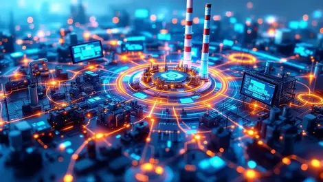 Realistic industrial facilities digital screens data streams machinery infrastructure