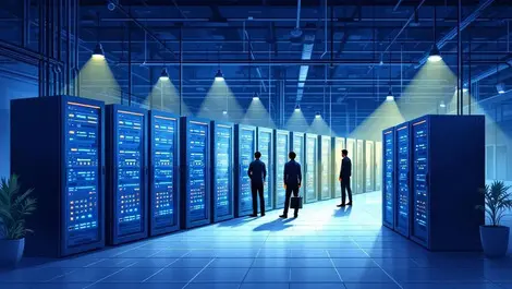 Detailed illustration cloud server room blinking alert lights it professionals uk office security