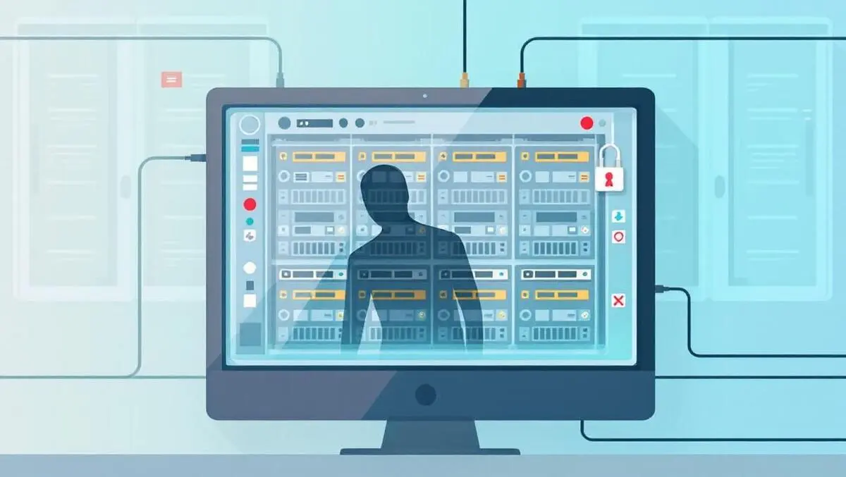 Illustration computer server virtual machines shadowy malware network wires secure data center