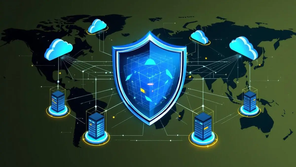 Network shield protecting interconnected servers clouds global map cybersecurity defense