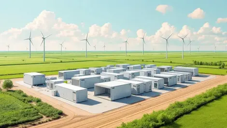Realistic modern modular data center containers green fields wind turbines oklahoma