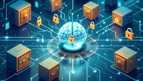 Illustration locked vaults separated data streams secure ai brain finance