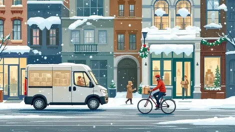Holiday season package delivery electric van bicycle courier snow city
