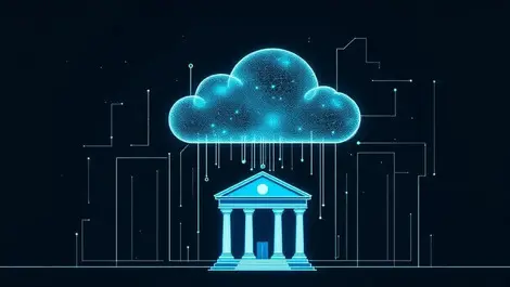 Digital cloud over modern bank building abstract lines technology transformation